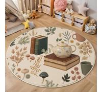 GDJSMIN Alfombra Redonda Lavable 140Cm Beige Libros Teteras Taza Elementos Alfombra Pequeña Alfombras Pelo Corto Plantas Naturales Lavables Alfombras De Habitacion Infantil Salon