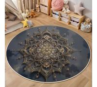 GDJSMIN Alfombra Redonda Lavable 140Cm Oro Patrón De Mandala Dorado Alfombra Pequeña Alfombras Pelo Corto Estilo Art Déco Lavables Alfombras De Habitacion Infantil Salon