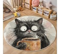 GDJSMIN Alfombra Redonda Lavable 160Cm Negro Gato Negro Taza Café Alfombra Pequeña Alfombras Pelo Corto Tema Animal Lavables Alfombras De Habitacion Salon