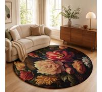 GDJSMIN Alfombra Redonda Lavable 160cm Rojo Peonía Rosa Roja Alfombra Pequeña Alfombras Pelo Corto Flores Pintadas Óleo Estilo Vintage Lavables Alfombras De Habitacion Salon