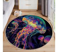 GDJSMIN Alfombra Redonda Lavable 200Cm Siete Colores Medusas Psicodélicas Alfombra Pequeña Alfombras Pelo Corto Mundo Oceánico Fantástico Lavables Alfombras De Habitacion Infantil Salon