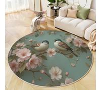 GDJSMIN Alfombra Redonda Lavable 60Cm Verde Menta Pájaros Flores Ramas Alfombra Pequeña Alfombras Pelo Corto Pintura Naturalista Acuarela Lavables Alfombras De Habitacion Salon