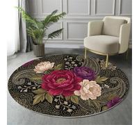 GDJSMIN Alfombra Salon Redonda 100cm, Peonía Estampado Paisley Alfombra Habitacion Lavable Lavadora Alfombras Dormitorio,Estilo Floral Barroco Retro Alfombras Comedor Antideslizante Tapete Sala