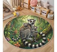 GDJSMIN Alfombra Salon Redonda 120Cm,Madre Lémur Su Cría La Selva Alfombras Habitacion Lavable Lavadora,Animales Tropicales Fantásticos Alfombras Comedor Antideslizante Tapete Sala,Verde Esmeralda
