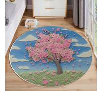GDJSMIN Alfombra Salon Redonda 200Cm,Árbol De Flores De Cerezo Rosadas Alfombras Habitacion Lavable Lavadora,Estilo De Arte En Papel 3D Alfombras Comedor Antideslizante Tapete Sala,Colorete En Polvo