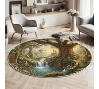 GDJSMIN Alfombra Salon Redonda 60Cm, Biblioteca La Casa Árbol Cascada Alfombra Habitacion Alfombras Dormitorio, Estilo Cuento Hadas Fantástico Alfombras Comedor Antideslizante Tapete Sala,Verde