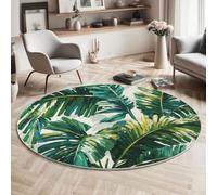 GDJSMIN Alfombra Salon Redonda 60Cm,Pintura Al Óleo sobre Hojas Palma Alfombras Habitacion Lavable Lavadora,Selva Tropical Alfombras Comedor Antideslizante Tapete Sala para Mesa De Café,Verde Oscuro