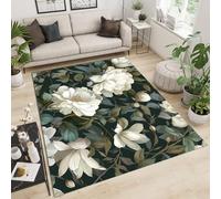 GDJSMIN Alfombra Salon Verde Oliva 150×210cm Antideslizante Alfombras Peonía Blanca Patrón De Magnolia Lavables en Lavadora Alfombra Habitacion Dormitorio Comedor Tapete Quarto Pelo Corto