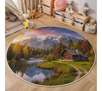 GDJSMIN Alfombras Redondas 140Cm Suave Alfombra Círculo Bosque Otoñal para Salón Dormitorio Alfombras De Área Árboles Casas Madera Montañas Nevadas Lavable con Base Antideslizante, Verde
