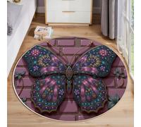 GDJSMIN Alfombras Redondas 200Cm Microfibra Suave Alfombra Círculo Salón Dormitorio Antideslizante Lavable Muro Ladrillos Rosas Mariposas Alfombras De Área(Azul Pálido)