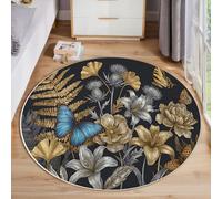 GDJSMIN Alfombras Redondas 200Cm Microfibra Suave Alfombra Círculo Salón Dormitorio Antideslizante Lavable Mariposas Hojas Flores Alfombras De Área(Oro Plata)