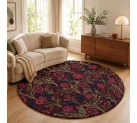 GDJSMIN Alfombras Redondas 200cm Suave Alfombra Círculo Flores Morris Antiguas para Salón Dormitorio Alfombras de área Girasoles Hojas Verdes Lavable con Base Antideslizante, Rojo Borgoña