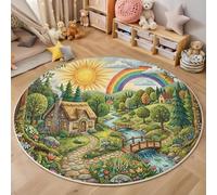 GDJSMIN Alfombras Redondas,Aldea Cuento Hadas Tapete Redondo Antideslizante,Bosque Casa Piedra Arcoíris Alfombra De Área Redonda Grande para Salón,Mesa De Café,Dormitorio (Verde Esmeralda,120Cm)