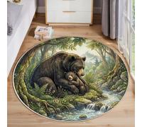 GDJSMIN Alfombras Redondas,Animales del Bosque Tapete Redondo Antideslizante,Osa Parda Madre Cachorro Arroyo Alfombra De Área Redonda Grande para Salón,Mesa De Café,Dormitorio (Verde Salvia,100Cm)