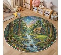 GDJSMIN Alfombras Redondas Antideslizantes para Dormitorio,Bosque Cuento Hadas Fantástico,Arroyo Cabaña Ciervo, Suave Lavable A Máquina, Alfombras De Suelo Que No Se Desprenden,140Cm