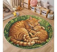 GDJSMIN Alfombras Redondas Antideslizantes para Dormitorio,Ilustraciones Bosques,Gata Naranja Madre Cachorros Helechos, Suave Lavable A Máquina, Alfombras De Suelo Que No Se Desprenden,100Cm