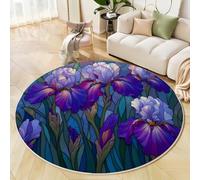 GDJSMIN Alfombras Redondas Antideslizantes para Dormitorio Y Sala De Estar,Arte En Vidrieras,Lirios Morados Y Blancos, Suave Lavable A Máquina, Alfombras De Suelo Que No Se Desprenden,160Cm