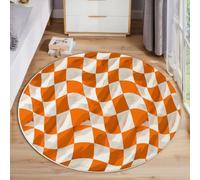 GDJSMIN Alfombras Redondas En Blanco Anaranjado 80Cm, Alfombra Círculo Patrón Tablero Ajedrez Retorcido Franela Suave, Alfombra Estilo Geométrico Moderno Antideslizante Pelo Corto, para Dormitorio