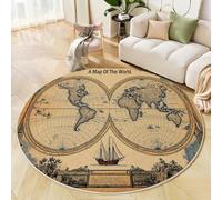 GDJSMIN Alfombras Redondas Marrón Claro 180Cm Alfombra Salon Carta Náutica Clásica Antideslizante Alfombras Lavables En Lavadora Mapa Mundo con Dos Hemisferios Alfombra Habitacion Dormitorio Comedor