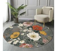 GDJSMIN Alfombras Redondas Rojo Anaranjado Amapolas Silvestres Franela Suave, Alfombra Acuarela Plantas Silvestres Verdes Antideslizante Pelo Corto, para Comedor Sala de Estar Oficina
