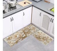 GDJSMIN Alfombrillas De Cocina,Flores Blancas Hojas Doradas Juego De Alfombras De Cocina De 2 Piezas,Lujoso Alivio 3D Alfombras De Cocinas Absorbentes De Agua,44×70Cm+44×120Cm, Beige