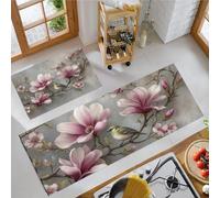 GDJSMIN Alfombrillas De Cocina,Flores Magnolia Rosa Y Pájaros Verdes Juego De Alfombras De Cocina De 2 Piezas,Pintura Al Óleo Realista Alfombras De Cocinas Absorbentes De Agua,40×60Cm+40×120Cm, Rosa