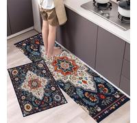 GDJSMIN Alfombrillas De Cocina,Intrincados Patrones Florales Geométricos Juego De Alfombras De Cocina De 2 Piezas,Alfombra Persa Alfombras De Cocinas Absorbentes De Agua,44×70Cm+44×120Cm, Azul