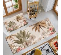 GDJSMIN Alfombrillas De Cocina,Patrones Hibisco Y Palmeras Juego De Alfombras De Cocina De 2 Piezas,Paisaje Selva Tropical Alfombras De Cocinas Absorbentes De Agua,44×70Cm+44×120Cm, Beige