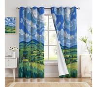GDJSMIN Azul Claro Cortinas Opacas Termicas Aislantes Frio Y Calor con Ojales 2 Piezas 140An X 145Al Cm Pintura De Paisaje Rural Cortina Opacas Dormitorio Salon Colinas Y Campos Verdes Cortinas