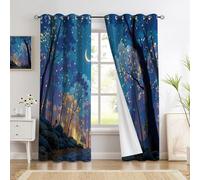 GDJSMIN Cortinas Opacas De Un Bosque Nocturno Ensueño con Aislamiento Térmico,con Luna Nueva Camino Guijarros Bosque Y Anillas para Sala De Estar Y Dormitorio,140An X 175Al Cm,Azul (2 Paneles)