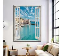 GDJSMIN Cuadros Decoracion Salon Paisaje Costero, 40×50 Cm Grandes Laminas Decorativas Pared Dormitorios, Lienzos Decorativos Pared Ventana Realista Con Agua De Mar Azul,Wall Art Comedor Pasillo Baño