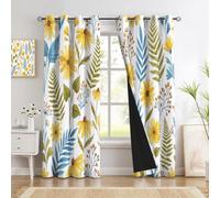 GDJSMIN Diseños Florales Vegetales Cortinas Salon Térmicas Aislantes Dormitorio Decoración Ventanas para Habitacion Margaritas Hojas Verdes con Ojales 2 Piezas 140An X 245Al Cm Amarillo