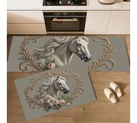 GDJSMIN Estera De Cocina Felpudos Patrones Clásicos, 2 Pieza Alfombras Cocina Lavable Antideslizante Alfombrillas Cocinas - Retrato La Cabeza Un Caballo Blanco (Oro,45×75Cm+45×150Cm)