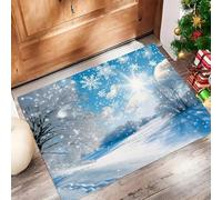 GDJSMIN Felpudo De Navidad,Paisaje Abierto Copos Nieve En Un Campo Nevado, Felpudo Decorativo De Bienvenida, Antideslizante Y Lavable, para Interiores Y Exteriores,90 X 150 cm (Azul Y Blanco)