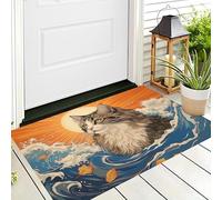 GDJSMIN Felpudo Entrada 80 X 120 Cm, Alfombra Entrada Casa Antideslizante Arte Ukiyo-E, Felpudo Absorbentes Lavable Gatos Olas del Océano Amanecer, Alfombrilla para Puerta Interior,Azul Anaranjado