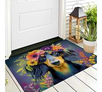 GDJSMIN Felpudo Entrada Casa 40 X 60 Cm, Alfombra Entrada Casa Interior Antideslizante Perro Salchicha Corona, Lavable Felpudo De Alfombrilla Pintura Al Óleo Animales, Interior Tapete Morado-Amarillo