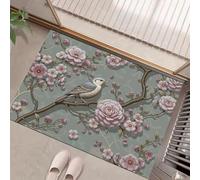 GDJSMIN Felpudo Entrada Gris, Absorbente Alfombra Entrada 90 X 150 Cm,Estilo De Pintura con Pinceladas Finas Suave Alfombra Lavable Antideslizante,Flores Rosas Y Estampados De Pájaros Pasillo Tapete