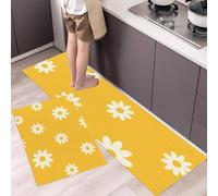 GDJSMIN Flores De Acuarela Juego De Alfombras De Cocina De 2 Piezas,Margaritas Blancas Alfombras Y Tapetes De Cocina Antideslizantes Y Lavables 45×75Cm+45×150Cm,Amarillo Mostaza