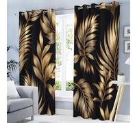 GDJSMIN Follaje De Lujo para Plantas Cortinas Opacas con Ojales para Dormitorio, Hojas Tropicales Doradas Opacas Térmicas con Ojales, 140An X 145Al Cm,Negro