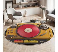 GDJSMIN Grande Alfombra Salon Redonda 200Cm, Tocadiscos Alfombra Habitacion Lavable Lavadora Alfombra Dormitorio, Tema De Música Retro Alfombras Comedor Antideslizante,para Estudio,Oficina Amarillo