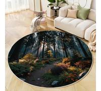 GDJSMIN Grande Alfombra Salon Redonda 80Cm, La Luz del Sol Filtrándose Entre Los Pinos Alfombra Habitacion Lavable Lavadora Alfombras, Paisaje Forestal Alfombras Comedor Antideslizante,Verde Oscuro