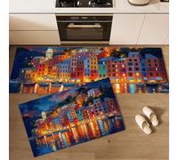 GDJSMIN Juego De 2 Alfombras Antifatiga para Cocina, Antideslizantes Lavables Y Portofino De Noche Alfombras Y Felpudos para Cocina Alfombra para Pueblo Costero De Noche, 43×75Cm+43×150Cm