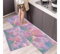 GDJSMIN Juego De 2 Alfombras Antifatiga para Cocina,Campos Tulipanes Rosados Antideslizantes Lavables Alfombras Y Felpudos para Cocina Alfombra para Flores del Campo,45×75Cm+45×150Cm,Rosa Verde