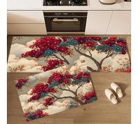 GDJSMIN Juego De 2 Alfombras Antifatiga para Cocina,Patrones Nubes Flor Cerezo Antideslizantes Lavables Alfombras Y Felpudos para Cocina Alfombra para Paisaje Vegetal,44×70Cm+44×120Cm,Rojo
