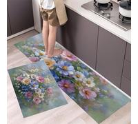 GDJSMIN Juego De 2 Alfombras De Antideslizantes Elegantes Flores Cosmos, Alfombra Lavables Absorbentes De Aceite Y Agua para Pasillo, Comedor Y Entrada,Rosa,44×70Cm+44×120Cm