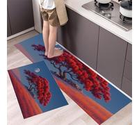 GDJSMIN Juego De Alfombras De Cocina De 2 Piezas,Colinas Manglares Y Patrones Lunares Alfombras Y Tapetes De Cocina Antideslizantes Y Lavables 44×70Cm+44×120Cm,Rojo