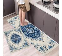 GDJSMIN Juego De Alfombras De Cocina De 2 Piezas,Patrones Flores Hojas Alfombras Y Tapetes De Cocina Antideslizantes Y Lavables 44×70Cm+44×120Cm Alfombra De Piso para Pasillo Entrada Lavandería,Azul