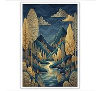 GDJSMIN Lienzo Pintura Montañas Ríos Hojas Doradas, Impresiones En Lienzo Ilustraciones Paisajes, Azul Profundo Sin Marco Para Pared Decoración Para Salón Dormitorio Cafetería, Regalos, 80×120 Cm