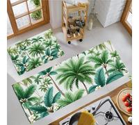 GDJSMIN Patrón De Selva Tropical Juego De Alfombras De Cocina De 2 Piezas,Cocoteros Altos Alfombras Y Tapetes De Cocina Antideslizantes Y Lavables 44×70Cm+44×120Cm,Verde Esmeralda