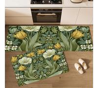 GDJSMIN Patrones Florales Artísticos Juego De Alfombras De Cocina De 2 Piezas,Tulipanes Elegantes Alfombras Y Tapetes De Cocina Antideslizantes Y Lavables 44×70Cm+44×120Cm,Verde